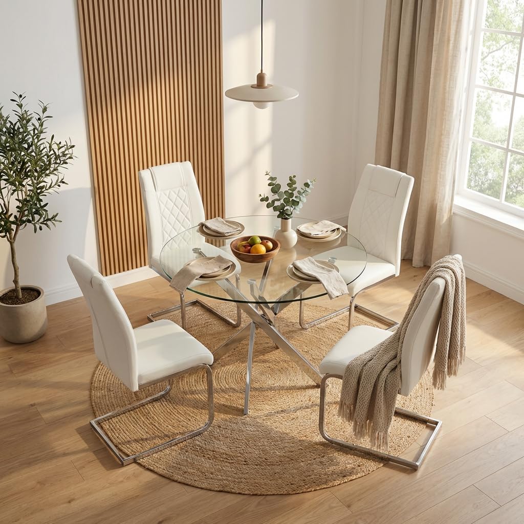 Round Glass Dining Table Set for 4, Modern Kitchen Table Chairs Set of 4, 35" Circle Glass Dinner Table with Silver Metal Legs, 4 White Pu Leather Chairs, 5 Piece Dining Set for Small Space Apartment
