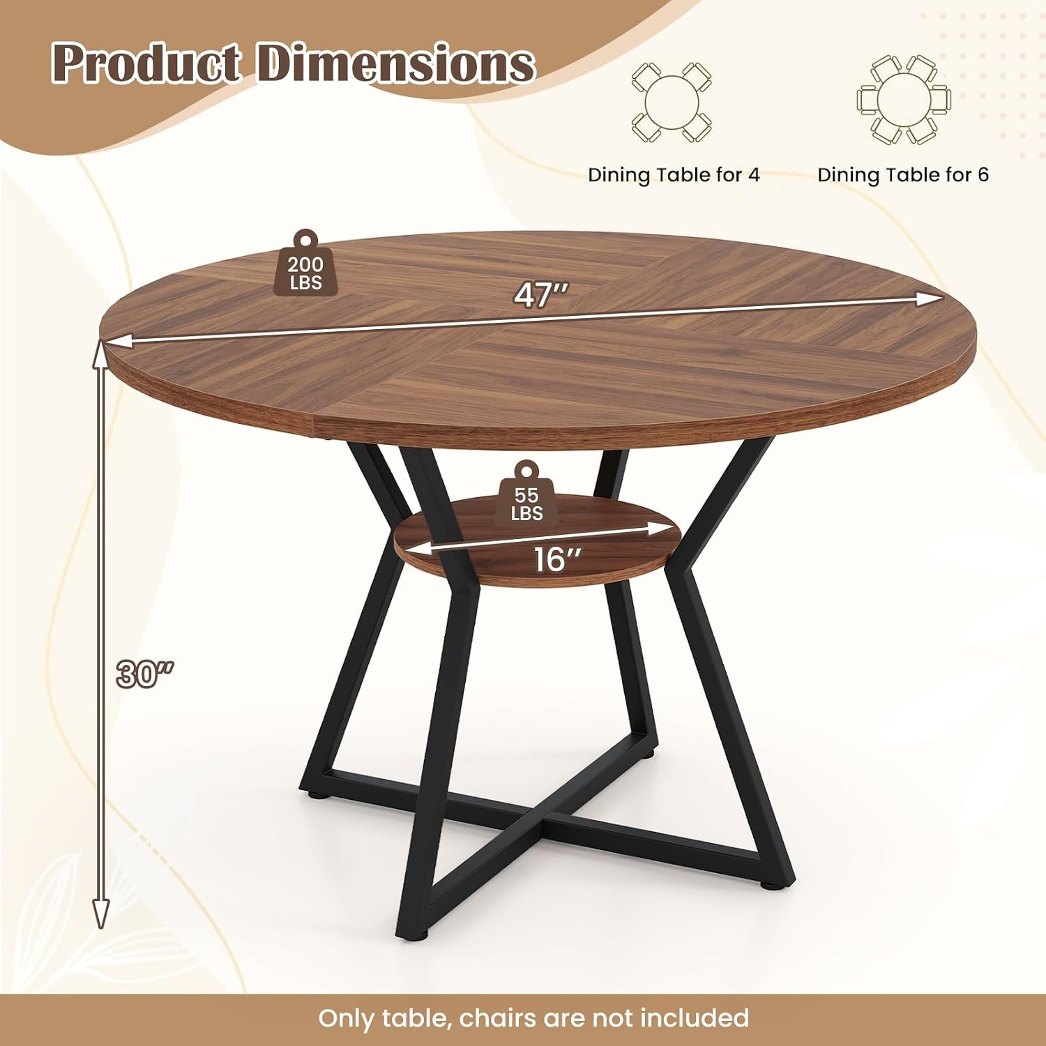 KOTEK 47 Inches Round Dining Table for 4, Farmhouse Kitchen Table with Storage Shelf, X-Shaped Metal Base, Adjustable Foot Pads, Circle Dinner Table for Dining Room, Living Room