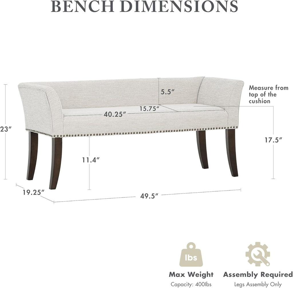Madison Park Accent Bench for Living Room, Upholstered with Nailhead Trim, & Padded Seat Entryway Bench Small, End of Bed Bench with Back, 49.5" W x 19.25" D x 23" H, White Cream