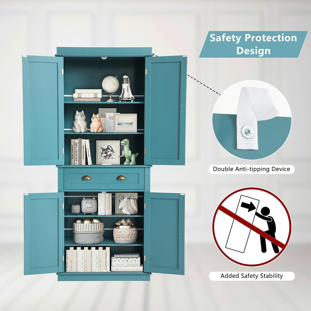 KIGOTY 72" Tall Kitchen Pantry Cabinet with Drawer and 4 Adjustable Shelves, Freestanding Pantry Storage Cabinets, Wood Cupboard Pantry Cabinet for Kitchen, Dining Room, Living Room, Turquoise