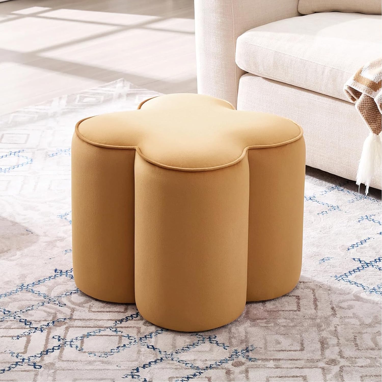 Zesthouse Flower Pouf Ottoman Foot Rest, Velvet Fabric Poofy Ottoman Footstool for Couch Sofa, Modern Living Room Stool Seat for Under Entry Table, Cute Square Vanity Stool for Bedroom Dorm, Camel