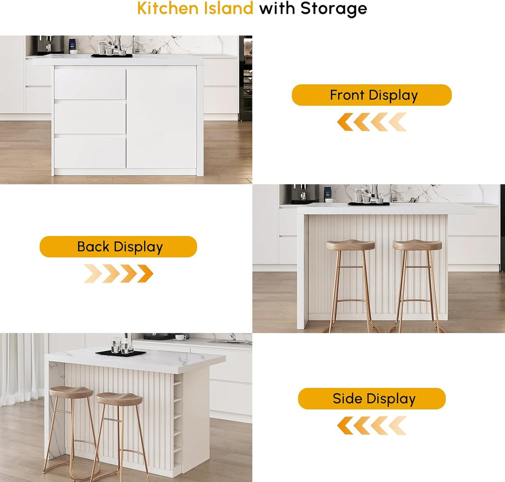 homary Kitchen Island with Storage & Wine Rack, 50" Modern White Kitchen Cabinet with Wood Top, Large Fixed Island with 3 Drawers & 6 Adjustable Shelves