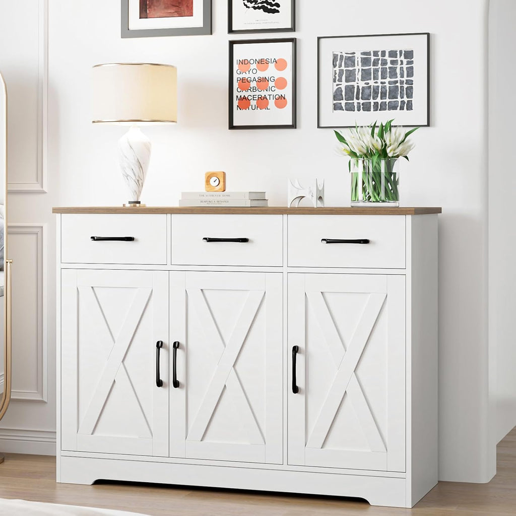 HOSTACK Kitchen Buffet Cabinet with Storage, Sideboard Coffee Bar, White | Farmhouse Kitchen Storage Cabinet with 3 Drawers & Adjustable Shelf, 42.5"W Buffet Table for Dining Living Room
