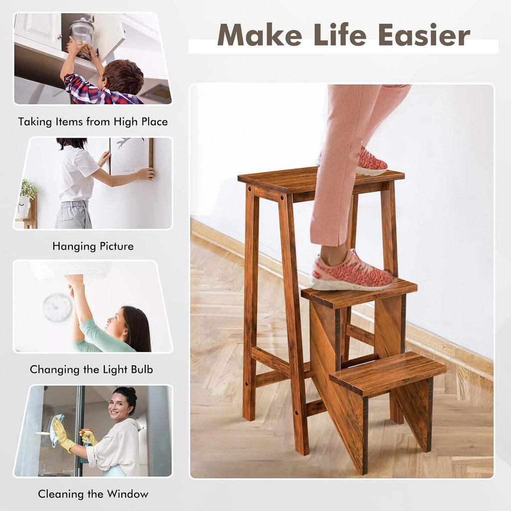 Giantex 3 Tier Folding Step Ladder, Multifunction 3-in-1 Wood Step Stool, Display Ladder and Storage Shelf for Library, Home Kitchen, Household Work, Coffee
