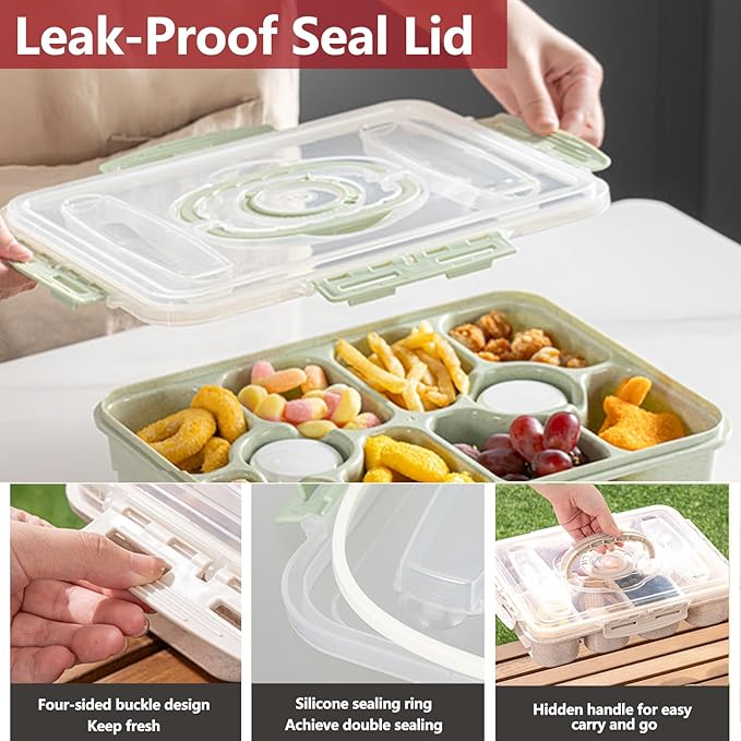 (Diswasher Safe) Divided Snackle Box Container with Lid,Snack Box Container with Cutlery Storage,Fork and Spoon,Fruit Tray,Portable Snack Organizer