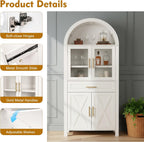 71" Tall Arched Kitchen Pantry Cabinet with Glass Door,Farmhouse Modern Wood Arched Cabinetsw/Adjustable Shelves & Drawer, Accent Cabinet with Barn Door for Kitchen, Living & Dining Room, Bathroom