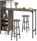 Giantex 3 Pieces Bar Table and Stools Set, Bistro Table Set with Glass Holder, 2 Tier Wine Rack & Storage Shelves, Kitchen Counter Table with 2 Stools for Home, Dining Room, Restaurant (Oak Gray)