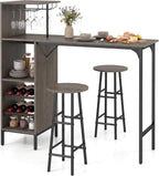 Giantex 3 Pieces Bar Table and Stools Set, Bistro Table Set with Glass Holder, 2 Tier Wine Rack & Storage Shelves, Kitchen Counter Table with 2 Stools for Home, Dining Room, Restaurant (Oak Gray)