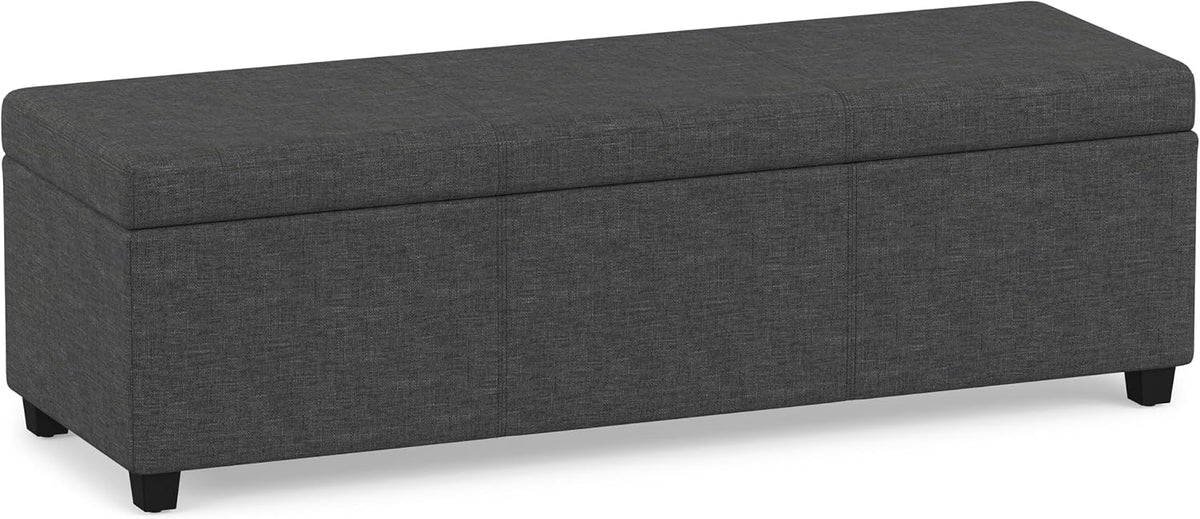 SIMPLIHOME Avalon 54" Wide Linen Look Fabric Storage Ottoman in Slate Grey | Contemporary lift-top ottoman with high-density foam; rectangle storage bench or coffee table for living room or entryway.