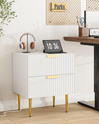 Nightstand with Charging Station, Bedside Table with Gold Frame,White Night Stand, End Table with 2Drawer, Mid Century Modern Bedside Table, Dresser for Bedroom,Living Room