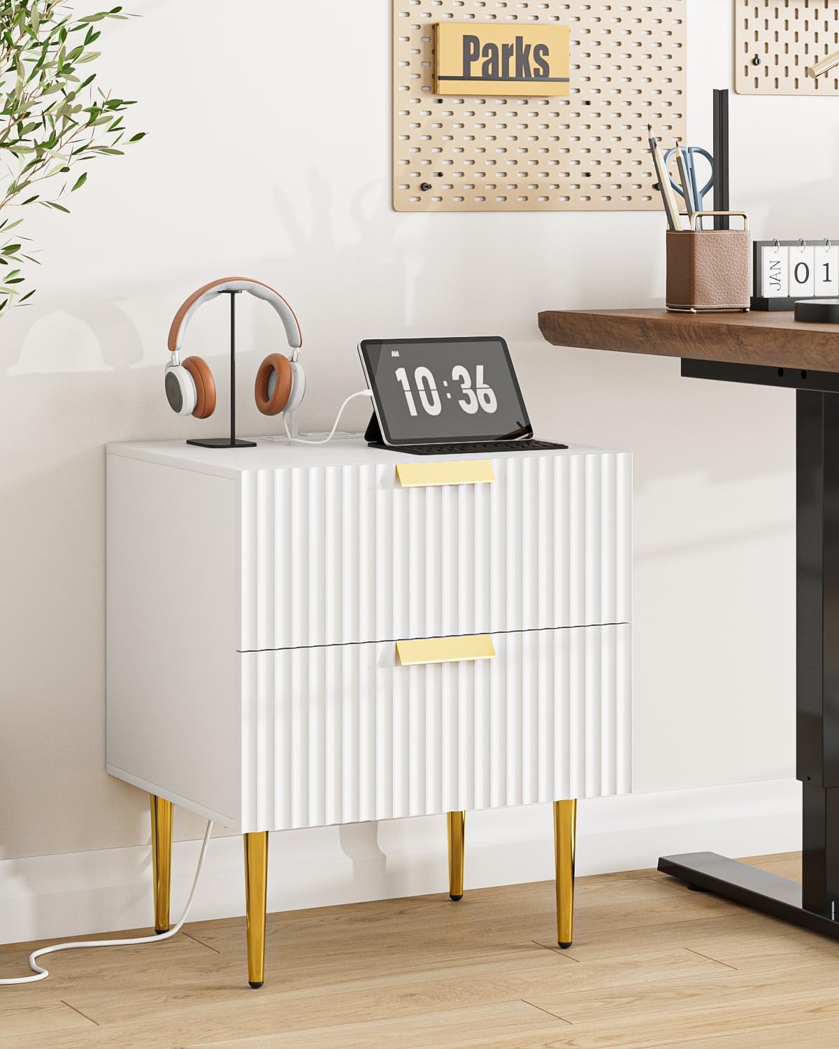 Nightstand with Charging Station, Bedside Table with Gold Frame,White Night Stand, End Table with 2Drawer, Mid Century Modern Bedside Table, Dresser for Bedroom,Living Room