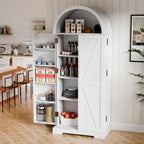 65" H Arched Kitchen Pantry, Modern Cupboard Storage Cabinet with 10 Side Storage Shelves & 3 Adjustable Shelves, Farmhouse Food Pantry Case for Living Room, Dining Room, White