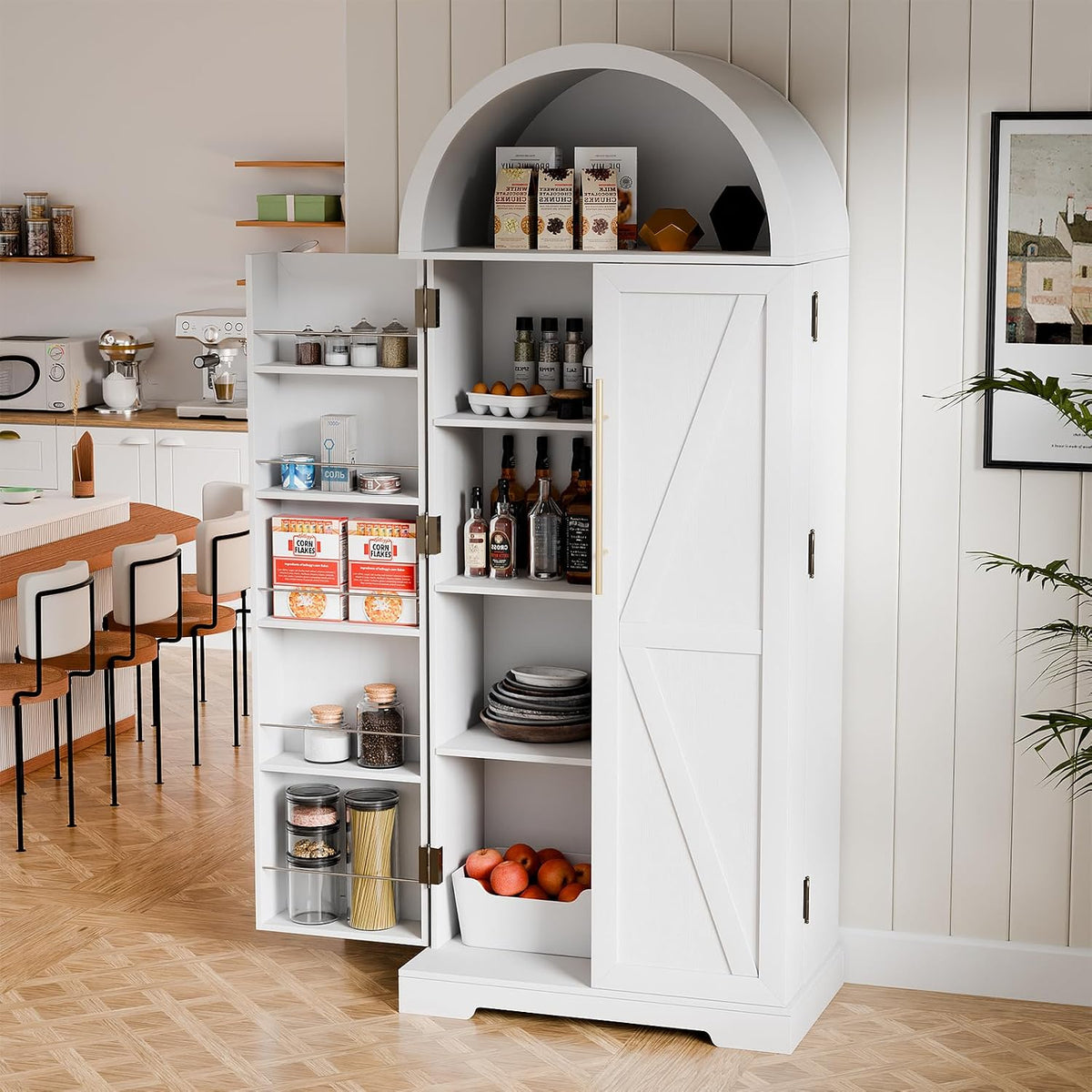 65" H Arched Kitchen Pantry, Modern Cupboard Storage Cabinet with 10 Side Storage Shelves & 3 Adjustable Shelves, Farmhouse Food Pantry Case for Living Room, Dining Room, White