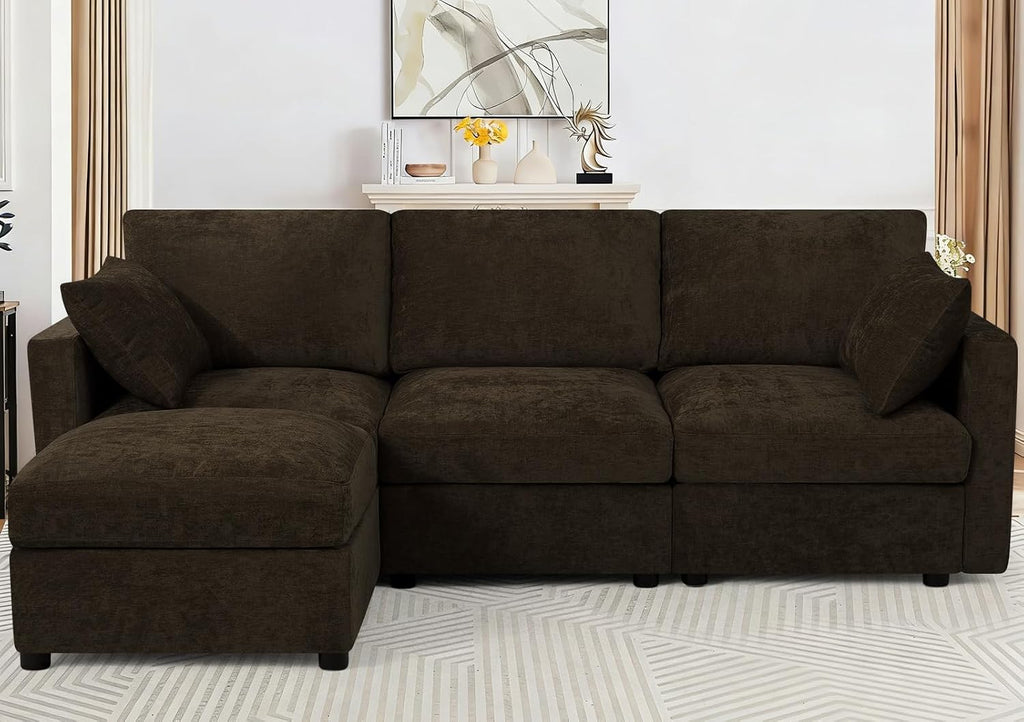 84” Chenille 3-Seats Sofa W/Movable Ottoman, Brown | Modern Fabric L-Shaped Couch w/Soft Backrests, Upholstered Sectional Sofa w/Arm Pillows for Living Room