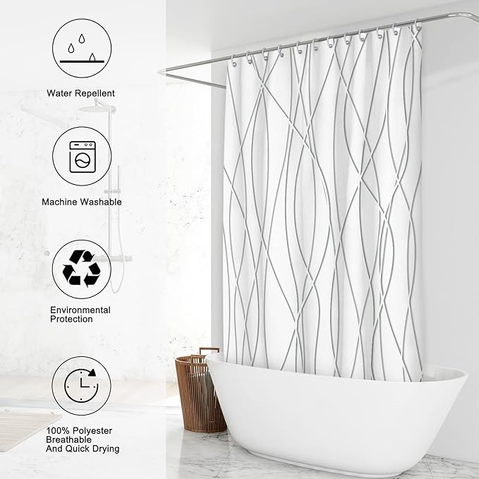 Punkray Grey Shadow Shower Curtain for Bathroom with Hooks, Shower Curtain Set Stripe Bath Curtains Decor White Shower Curtains Weighted Hem Washable, 72 x 72