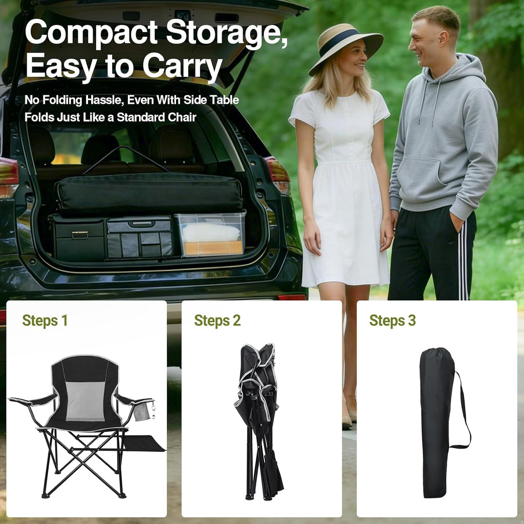 XGEAR 2-Pack Camping Chairs 350LBS Heavy Duty Folding Chair with Side Table | Portable, Sturdy, With Cup Holder, Collapsible for Tailgating, Beach, Fishing, Backyard, Black