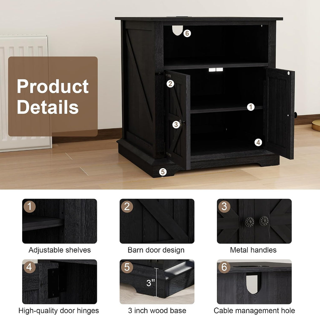 MUUEGM End Table with Charging Station, 24 Inch Farmhouse Sofa Side Tables Living Room, Wood Rustic Nightstand Large Bedside Table with Barn Door for Bedroom, Black