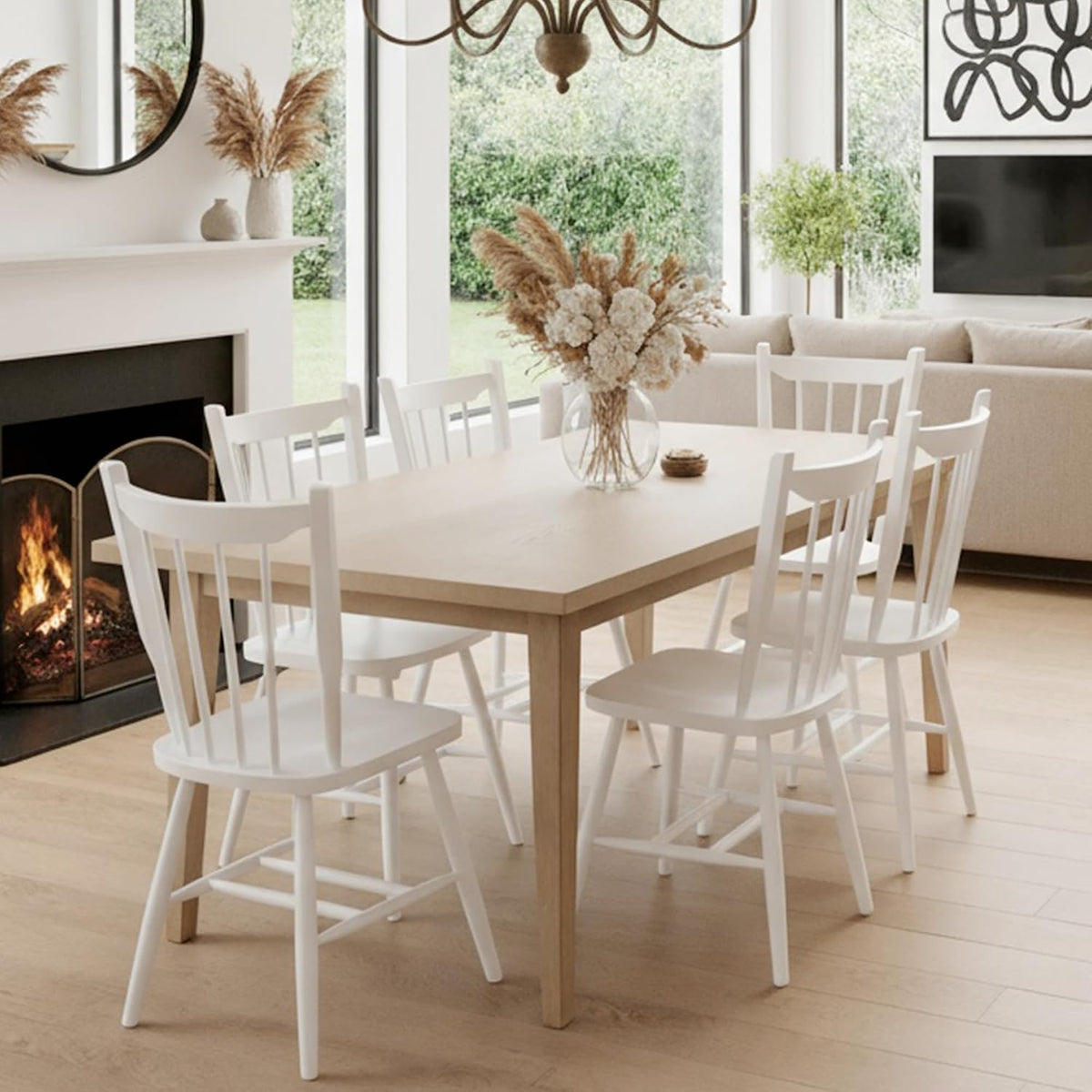 HNY White Windsor Dining Chairs Set of 2, Farmhouse Wooden Kitchen Chairs with Spindle Back, Mid Century Modern Armless Kitchen Side Chair for Dining Living Room Restaurant