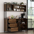 AIEGLE Large Kitchen Hutch Storage Cabinet, Pantry Cabinets with Hutch, Metal Frame Cupboard with Mesh Door, Drawer & Microwave Shelf, Freestanding Kitchen Storage, Brown (59" W x 15.7" D x 68.5" H)