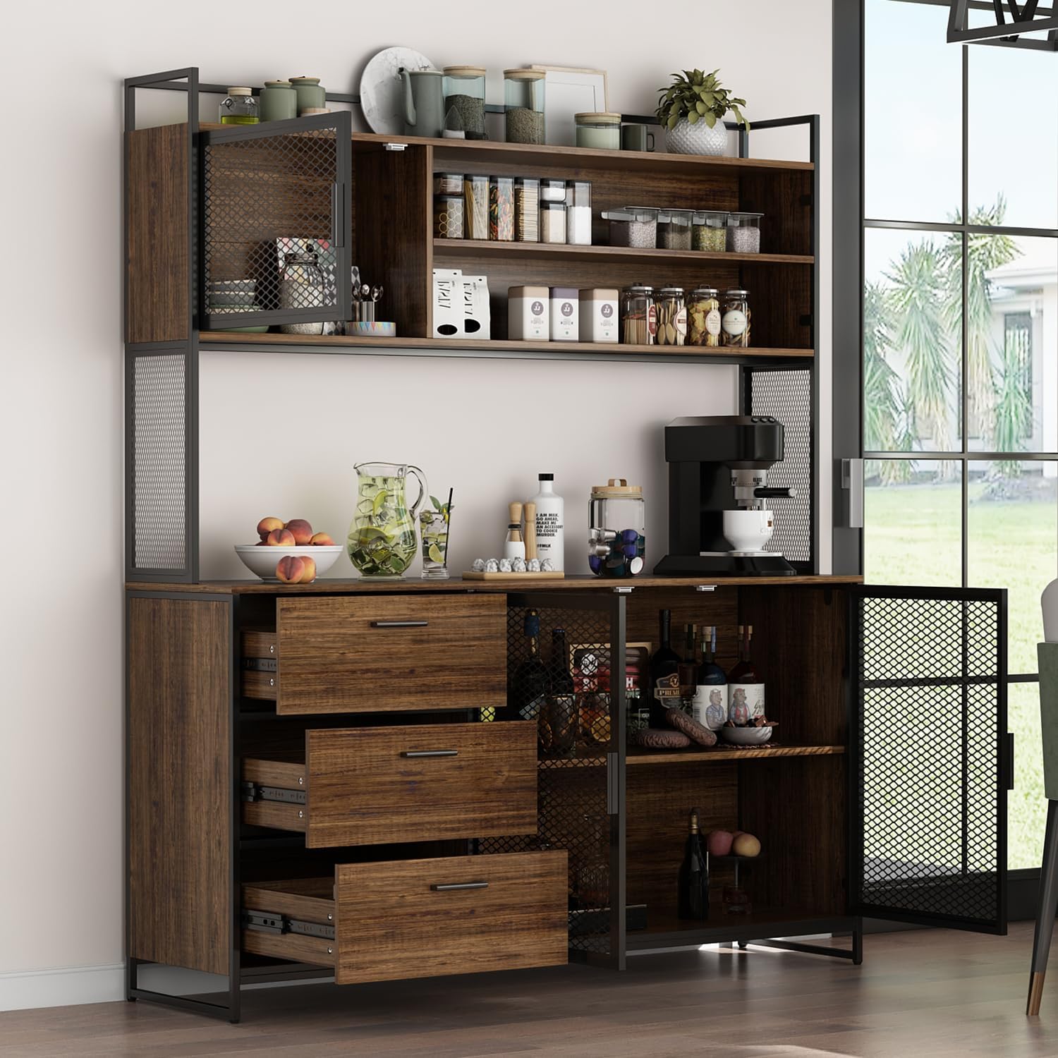 AIEGLE Large Kitchen Hutch Storage Cabinet, Pantry Cabinets with Hutch, Metal Frame Cupboard with Mesh Door, Drawer & Microwave Shelf, Freestanding Kitchen Storage, Brown (59" W x 15.7" D x 68.5" H)