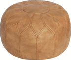 Thgonwid Unstuffed Moroccan Faux Leather Pouf Ottoman Cover with Storage - Boho Chic Multi-Use Footrest for Living Room, Bedroom, Patio - Round Ethnic Floor Cushion & Decorative Accent, Khaki