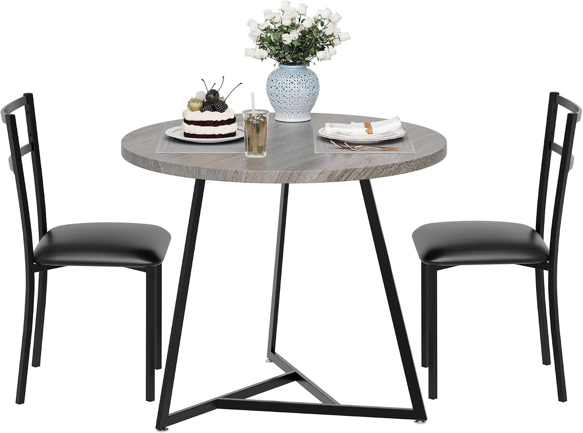 3-Piece Round Dining Set for 2 - Compact 31.4" Rustic Gray Kitchen Table with Upholstered Chairs, Space-Saving Breakfast Set for Small Spaces, Apartments & Studio Living