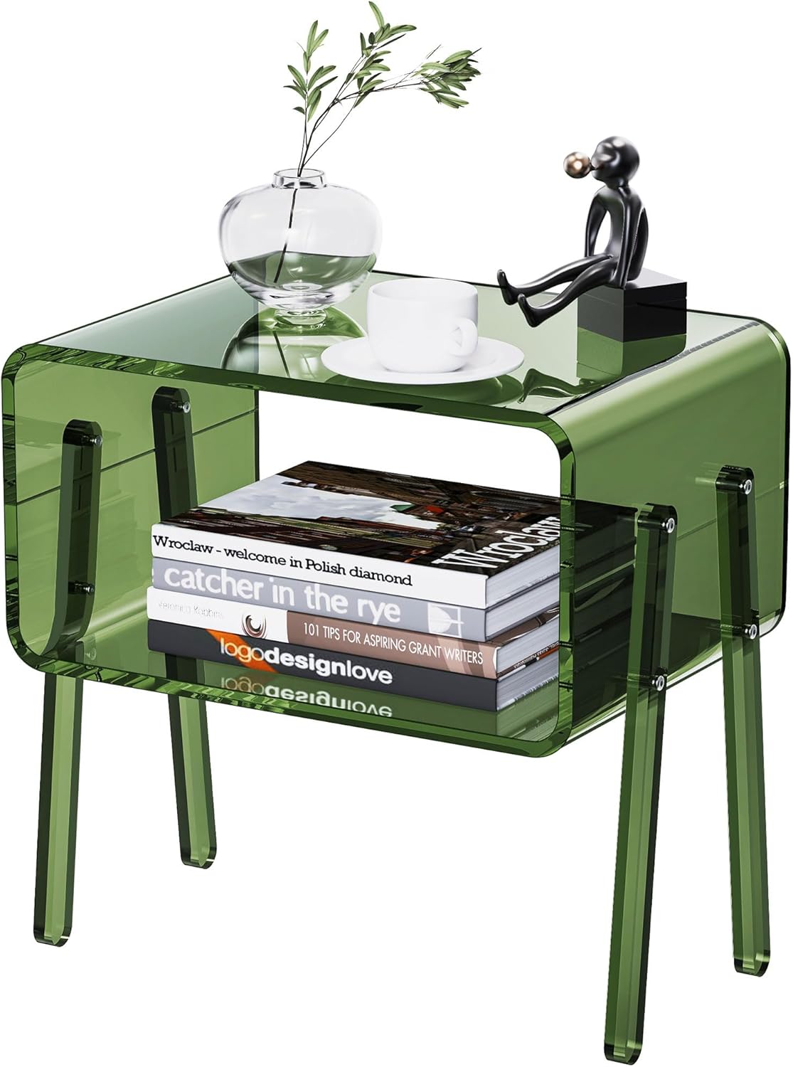 Acrylic Side Table, 2-Tier End Table with Open Storage for Small Spaces, Clear Nightstand Bedside Table with for Bedroom, Living Room (Green, 16.9" × 11.8“ × 17”)