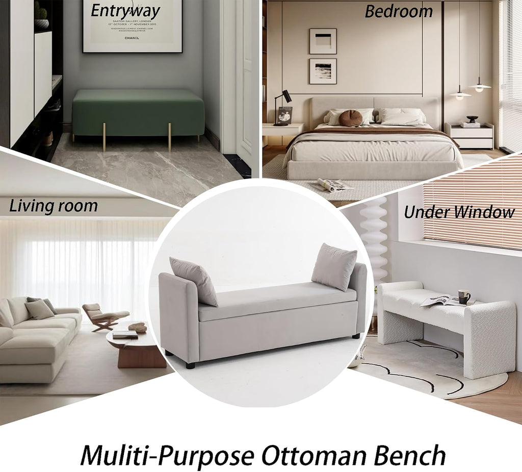 Storage Bench for Bedroom, 55" End of Bed Bench for King Size Bed, Modern Upholstered Long Ottoman Bench with Arms and 2 Pillows for Living Room/Entryway (Grey)
