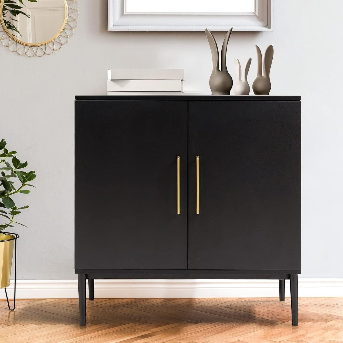 Black Storage Cabinet with Doors, Modern Accent Cabinet, Free Standing Cabinet with Adjustable Shelf, Wooden Buffet Sideboards for Living Room, Kitchen, Dining Room, Entryway