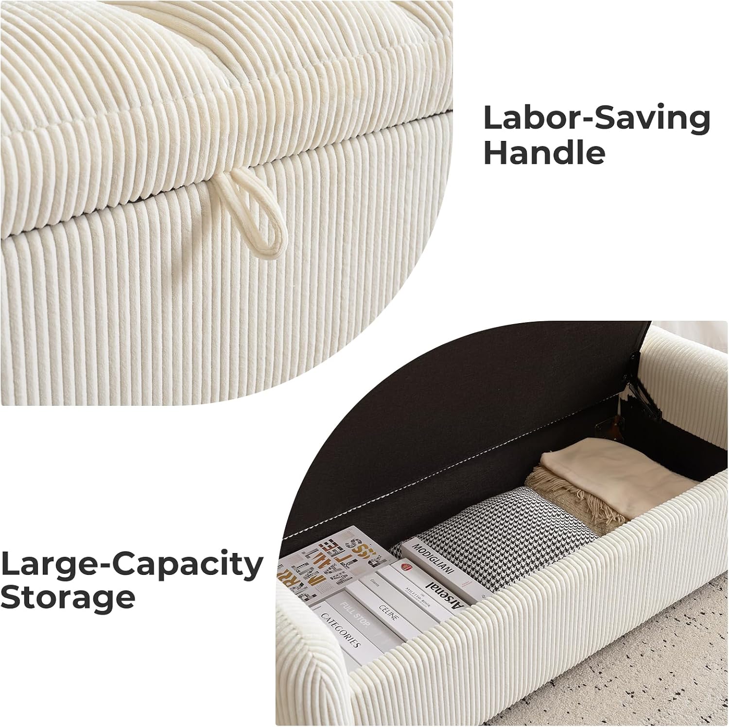 Oversized Corduroy Ottoman Bench with Storage, Upholstered End of Bed Bench for Bedroom, Ottoman Foot Rest for Living Room, Beige