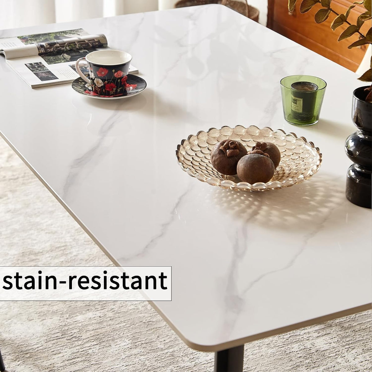 Sintered Stone Dining Table, Faux Marble Dining Table for 4-6 People, 55" Rectangular White Kitchen Table with Porcelain Table Top and Metal Legs for Living Room(1 Table Only)