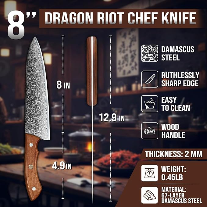 DRAGON RIOT Damascus Chef's Knife 7 inch, Japanese Kitchen Knife with VG10 Steel Core, Ultra Sharp Forged Professional Chef Knife With Full Tang Handle, Premium Gift Box