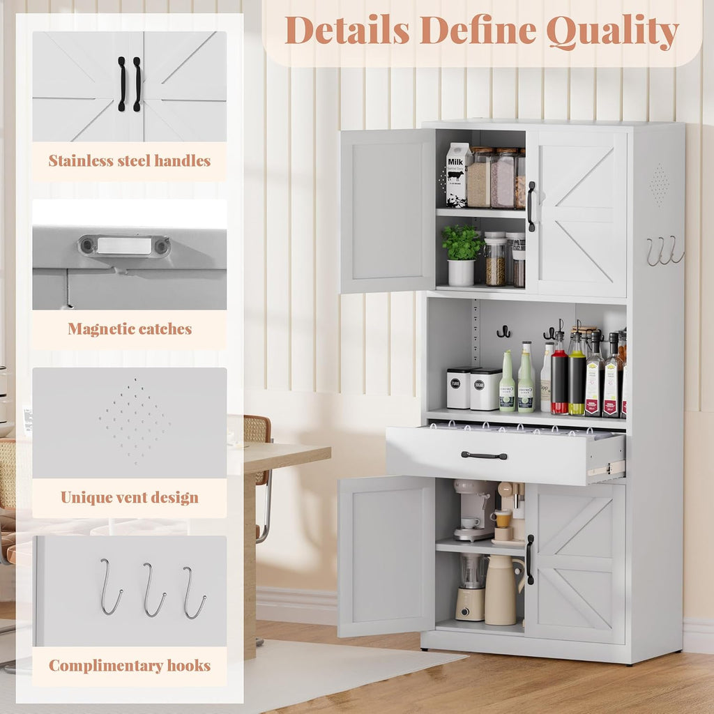 72" H White Steel Kitchen Pantry Storage Cabinet with Countertop | Metal Farmhouse Cabinets for Living Room, Bathroom, Heavy Duty Rustic Pantry