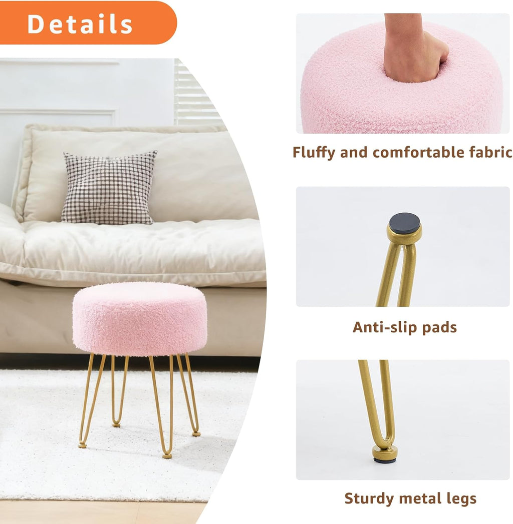 Vanity Stool, Teddy Velvet Ottoman Foot Stool, Dressing Table Seat with Metal Leg Vanity Chair for Bedroom, Living Room, Entryway, Offices