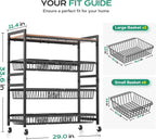 Cinati 4-Tier Utility Kitchen Cart with Wood Top, 29" W Kitchen Storage Cart with 8 Baskets & Handle, Metal Snack Cart with Wheels, Adjustable Pantry Organizer and Storage Cart for Fruit, Vegetables