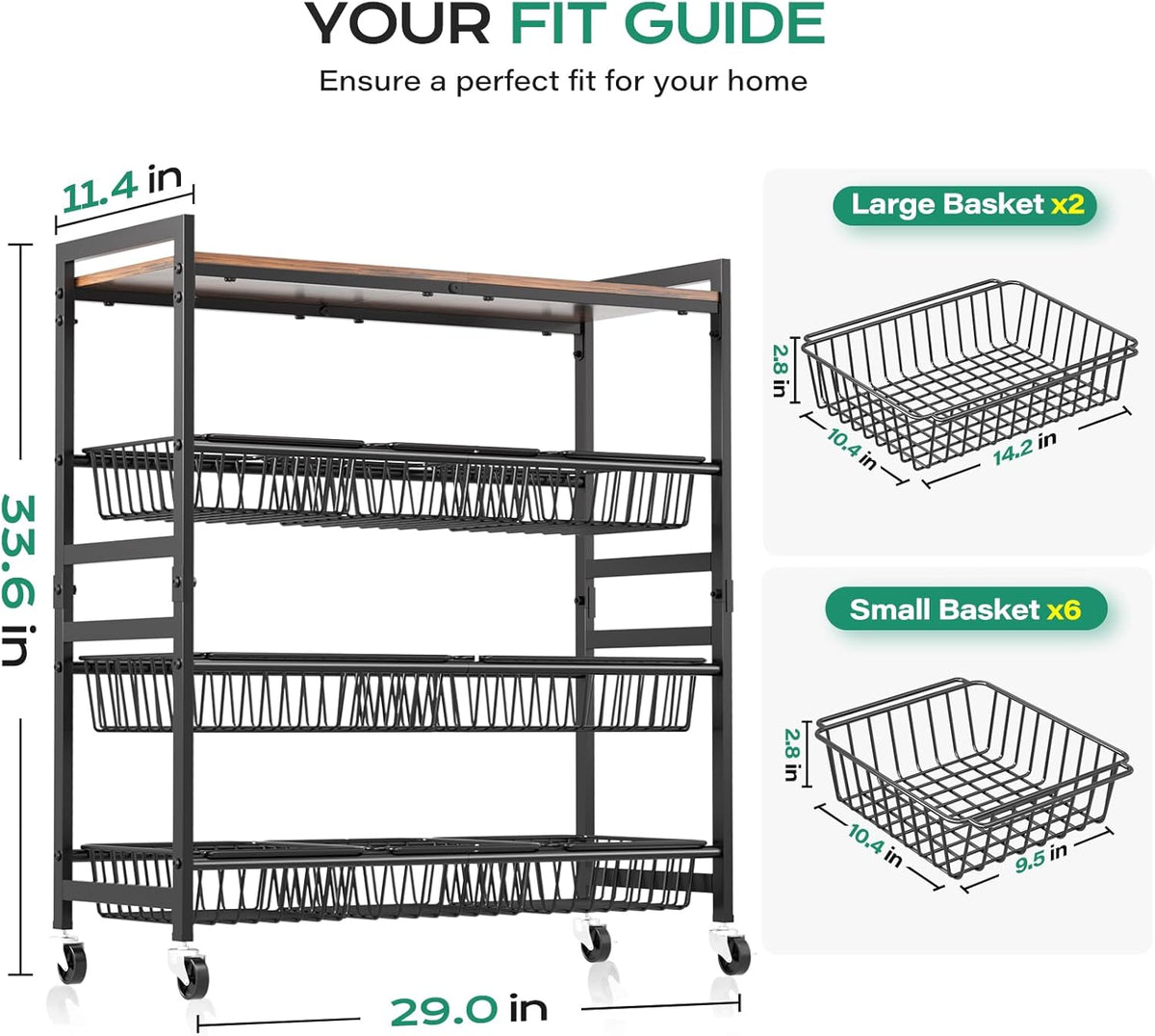 Cinati 4-Tier Utility Kitchen Cart with Wood Top, 29" W Kitchen Storage Cart with 8 Baskets & Handle, Metal Snack Cart with Wheels, Adjustable Pantry Organizer and Storage Cart for Fruit, Vegetables
