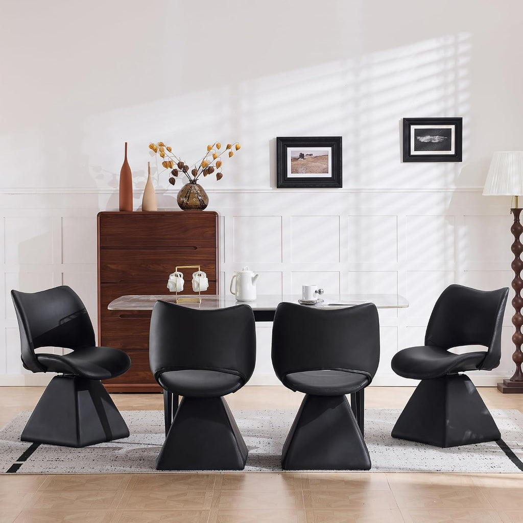 Henf Modern Upholstered Swivel Dining Chairs,Faux Leather Vanity Chair with Wave Shaped High Back, 360 Degree Rotating Mid Century Armless Side Chairs with Metal Base for Dining Room,Desk,Black