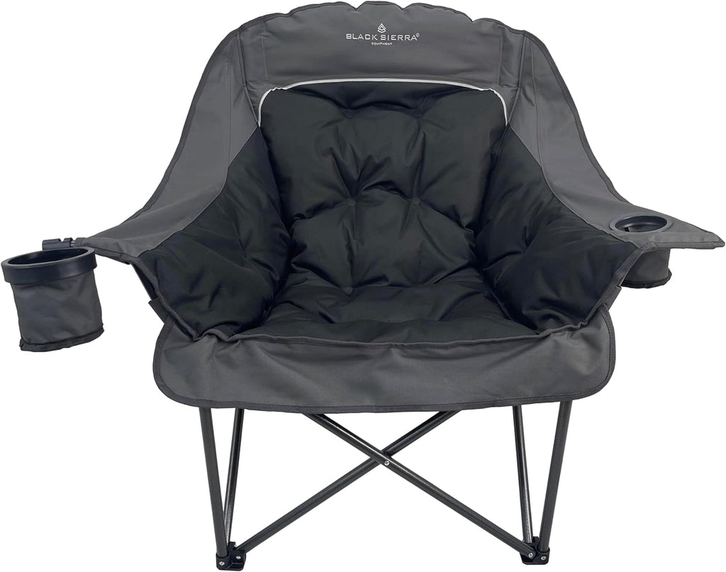 Black Sierra Plush XL Padded Camping Chair for Adults, Oversized Heavy Duty Folding Seat Supports 400 lbs, Plush Comfort with Cup Holders & Carry Bag for Camping, Tailgating, Patio, RV
