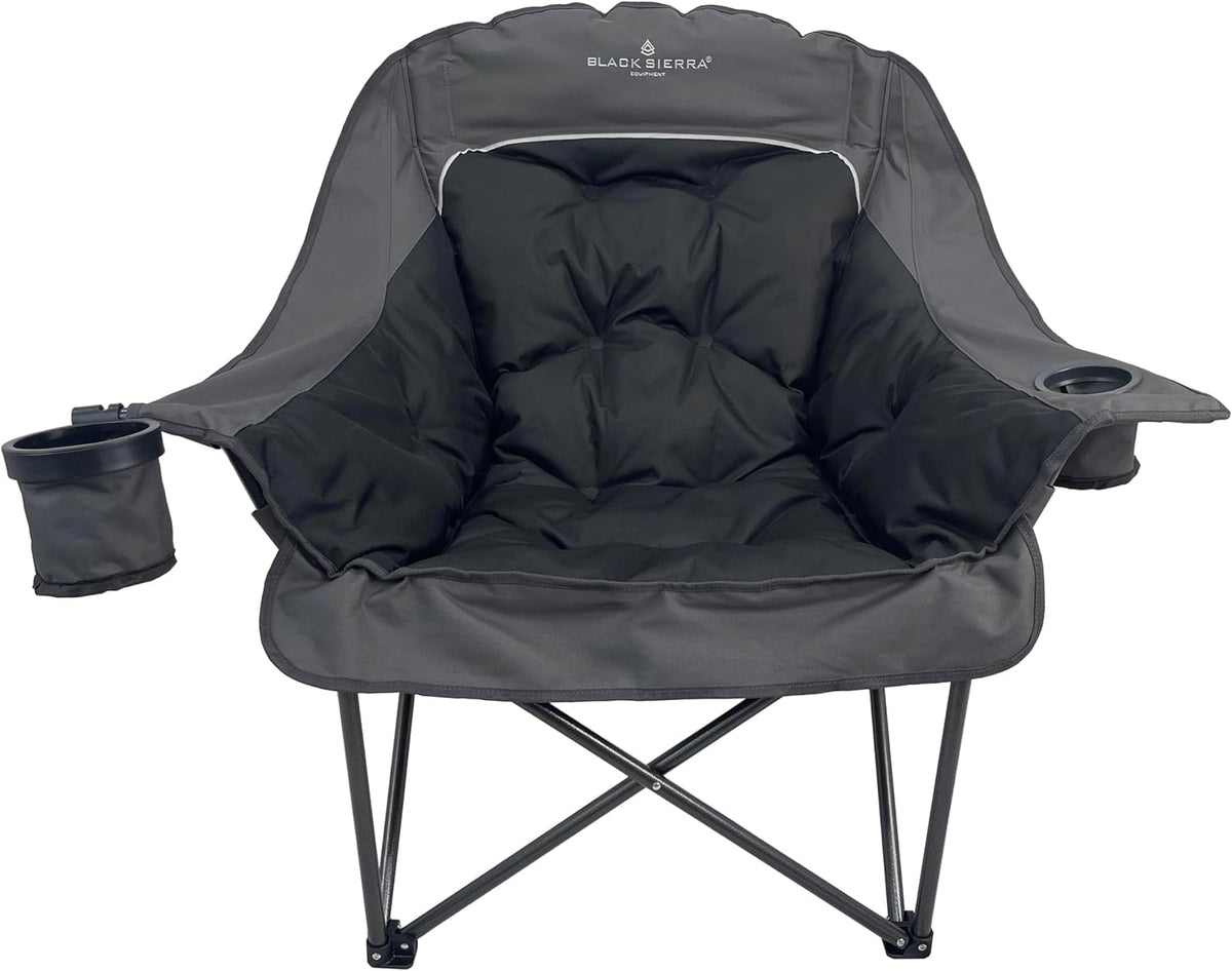 Black Sierra Plush XL Padded Camping Chair for Adults, Oversized Heavy Duty Folding Seat Supports 400 lbs, Plush Comfort with Cup Holders & Carry Bag for Camping, Tailgating, Patio, RV