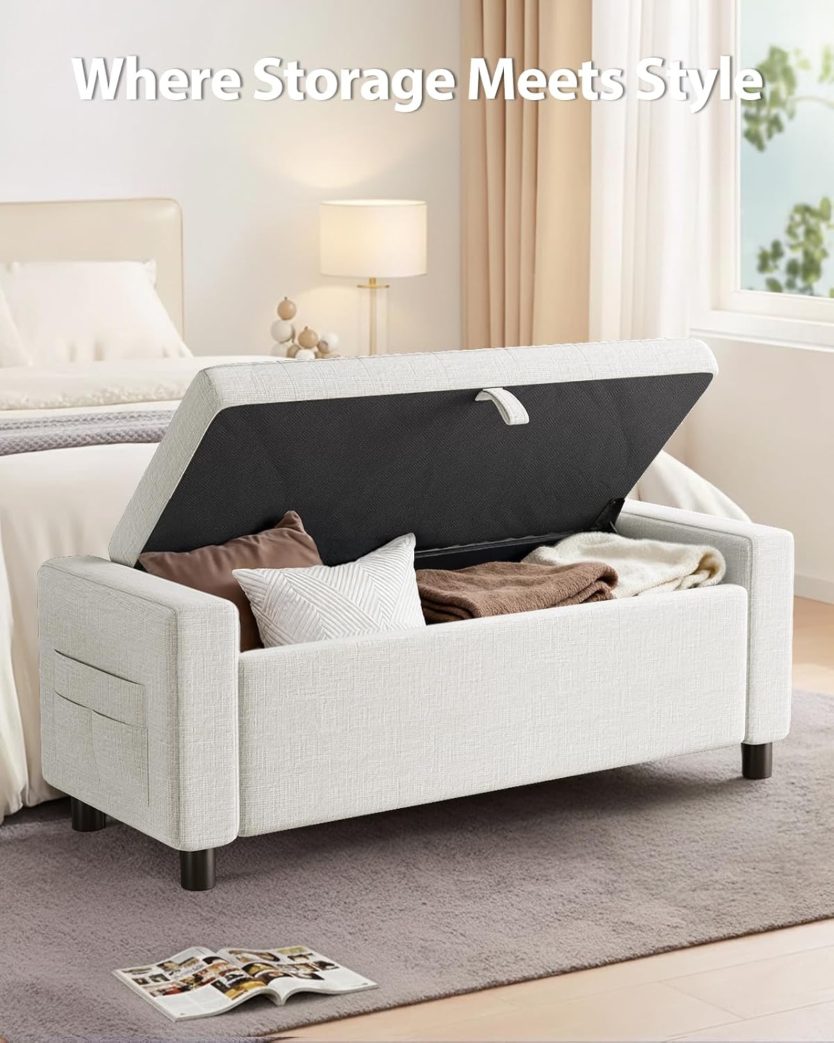 Amada 46" Storage Ottoman Bench with Safety Hinge, Hidden Compartment & Side Pocket - Upholstered End of Bed/Entryway Bench for Bedroom & Living Room, 400 lbs Weight Capacity, Beige
