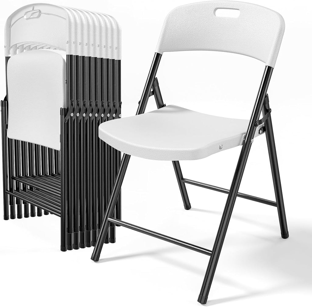 Bonnlo 10-Pack White Plastic Folding Chairs, Portable Seat with Sturdy Steel Frame for Indoor & Outdoor Use, Perfect for Banquet, Party, Wedding, Office, and Camping