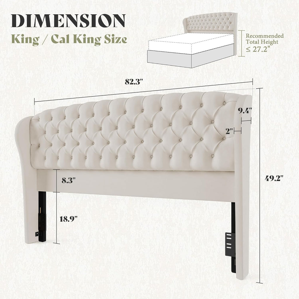 AMERLIFE King/Cal King Headboard Only, Velvet Upholstered Wingback, Cream
