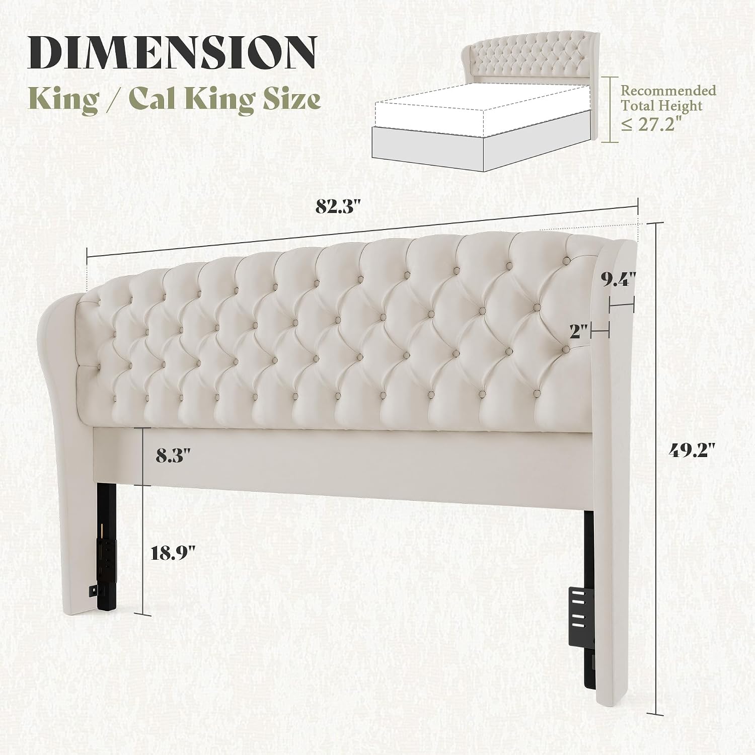 AMERLIFE King/Cal King Headboard Only, Velvet Upholstered Wingback, Cream