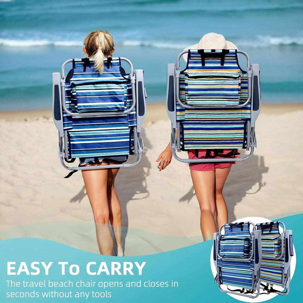 Yestomo Beach Chairs for Adults Heavy Duty, Compact Portable Lay Flat Folding Chair with Backpack Straps and Large Cooler Pouch, Support to 350LBS (2 Pack Stripes_Blue&Cyan)