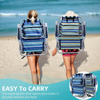 Yestomo Beach Chairs for Adults Heavy Duty, Compact Portable Lay Flat Folding Chair with Backpack Straps and Large Cooler Pouch, Support to 350LBS (2 Pack Stripes_Blue&Cyan)