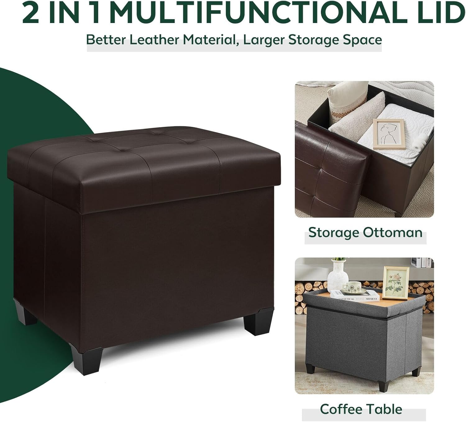 Ottoman with Storage, Rectangular Storage Ottoman, Faux Leather Ottomans with Legs for Living Room Bedroom Dorm, 23.6" D x 17.7" W x 19.9" H, Brown