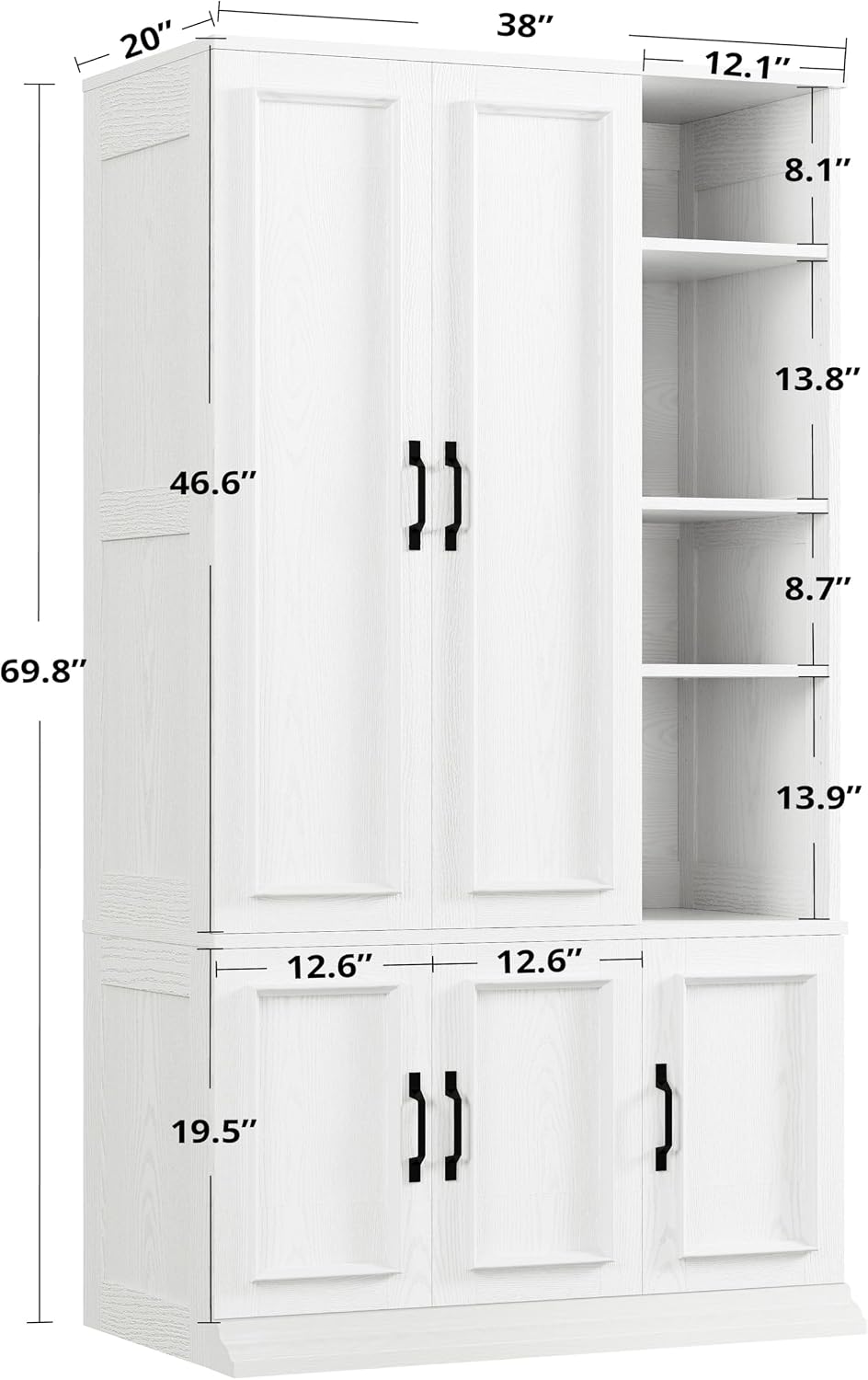 LIKIMIO Armoire Wardrobe Closet 70" H, 5 Doors for Bedroom, White | Wooden Wardrobe with 4 Storage Shelves and Hanging Rod, Clothing Storage Cabinet Organizer Combination