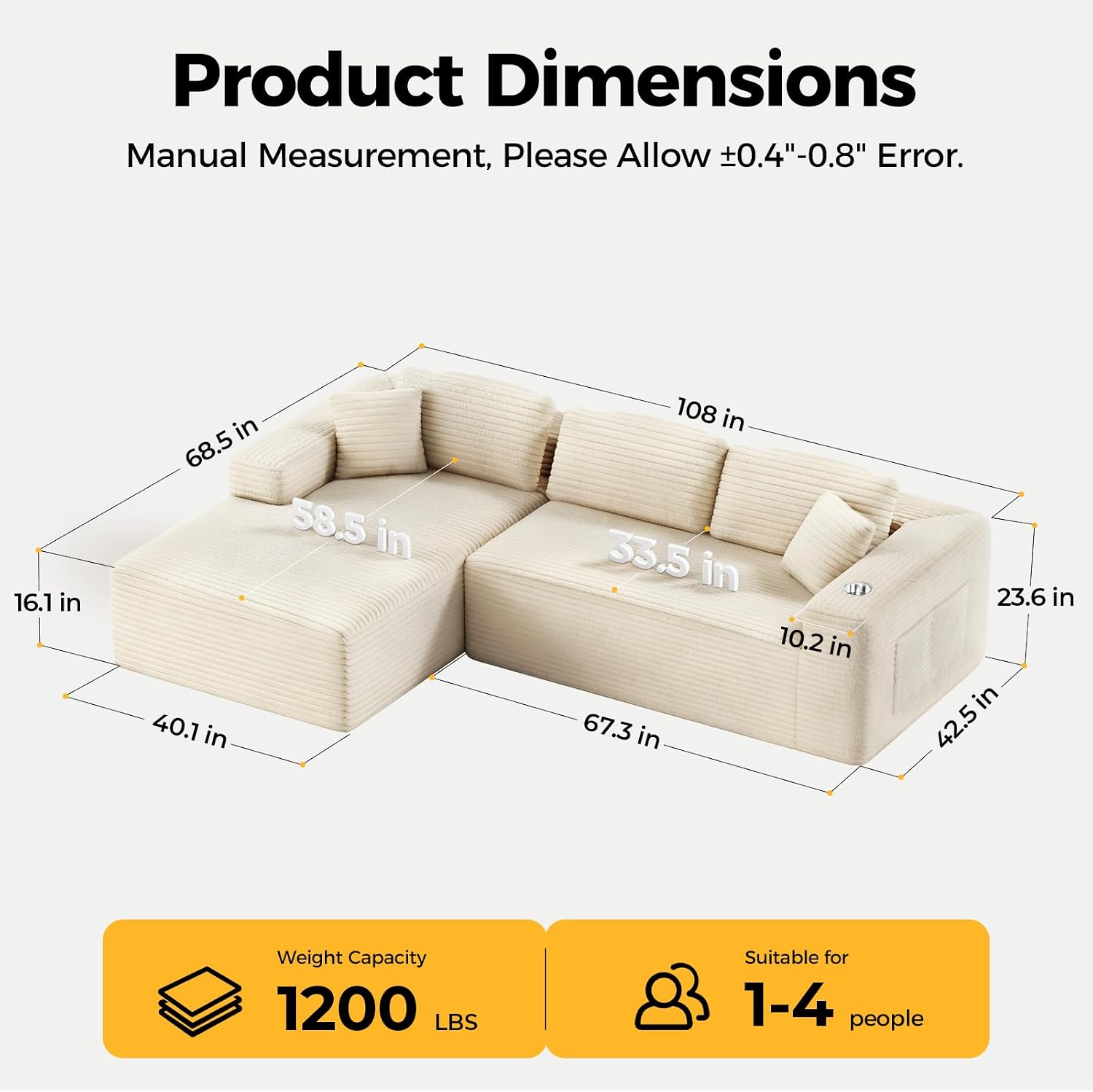 CAMMOO 108" L-Shaped Sectional Sofa, Cloud Couch in One Box | No Assembly Deep Seat, 4-Seater Sofa for Living Room, Storage Pockets, Plush Corduroy, Left-Facing Chaise, Beige