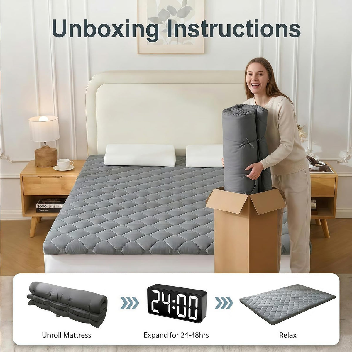 DOWNSTORIA Japanese Floor Mattress, Futon Mattress Roll Up Tatami Mat with Handle, Foldable Floor Bed Sleeping Pad for Camping, Full Size, Grey(54x75)