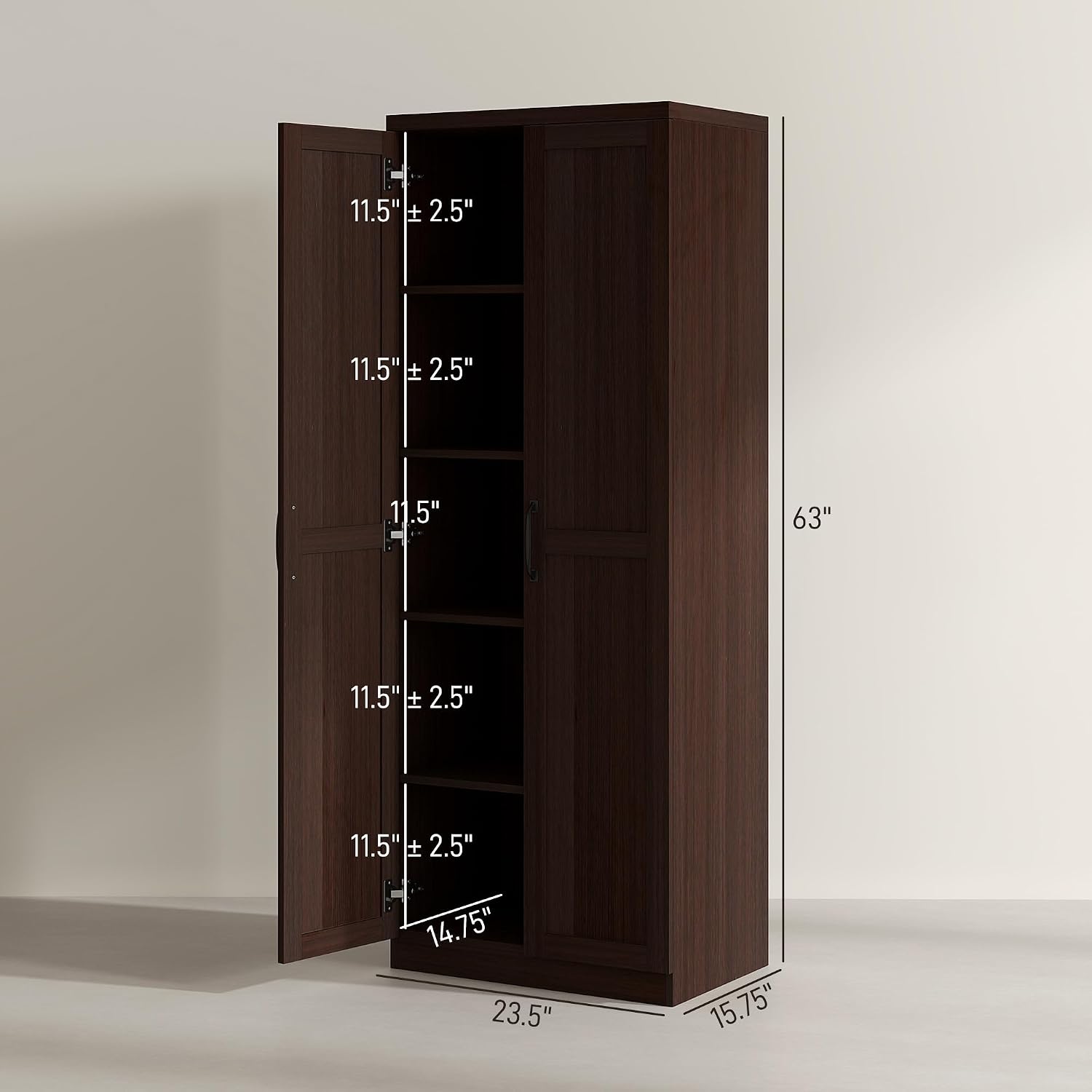 HOMCOM 63" 2-Door Kitchen Pantry 5-Tier Cinnamon Cherry Wood Grain | Freestanding Storage Cabinet, Shelving, 2 Adjustable Shelves, for Dining Room
